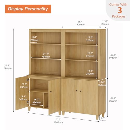 Image of WAMPAT 71 inch Tall Bookcase with Doors & Storage Cabinet, 2 Column Modern 5-Tier Bookshelf with Adjustable Shelf, 71 inch Wide Wooden Display Book Shelf for Home Office, Living Room, Bedroom, Oak