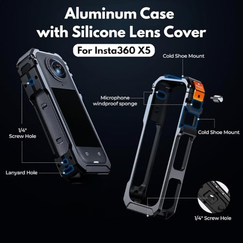 Image of Yantralay Aluminum Frame Cage for Insta 360 X5 Camera, Aircraft-Grade Alloy Protective Housing with Cold Shoe Mount, 1 /4 Thread & Lens Cap Kit