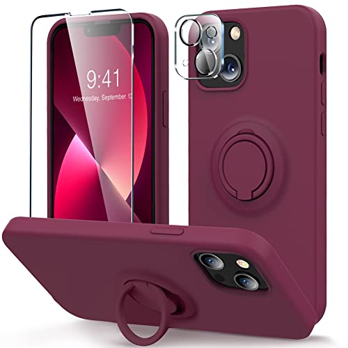 Mocca [5 In 1 Compatible With Iphone 13 Case With Ring Kickstand,With 2 Pack Screen Protector + 2 Pack Camera Lens Protector, Full-Body Anti-Scratch Phone Case For Iphone 13 6.1Inch - Winered #TOP12