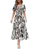 Zattcas Womens 2025 Long Summer Dress Casual Short Flutter Sleeve V Neck Smocked Waist Tiered Flowy Modest Floral Boho Maxi Dress with Pockets BH L