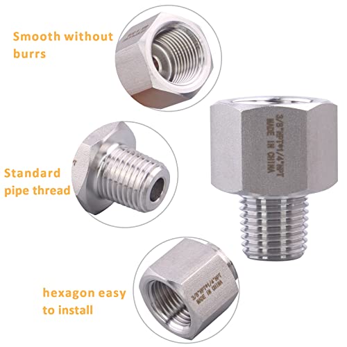 Image of Forged Reducer Adapter Fitting - Stainless Steel 304 Reducing Pipe Connector, 3 /8 inch NPT Female x 1 /4 inch NPT Male (pack of 2)