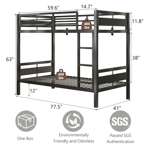 Image of iPormis Metal Bunk Bed Twin Over Twin, Heavy Duty Bunk with High Guardrail and Safety Entrance Design, Under-Bed Storage Space, Easy Assembly, Noise Free, Black