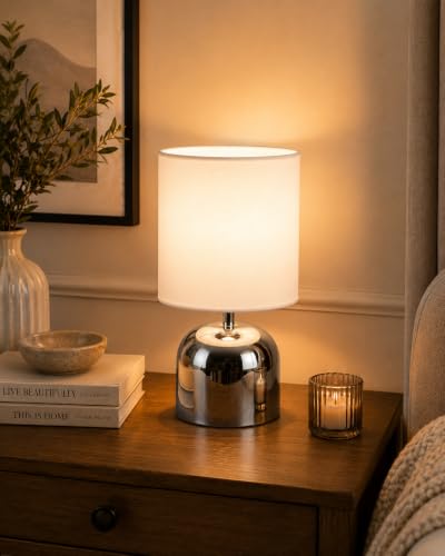 Image of MAGIK Silver Shot LED Table Lamp (Chrome & Off White Finish) | Includes 5W LED Bulb | Elegant Decorative Lamp for Bedroom, Living Room & Office | Compact Design | Ready to Use
