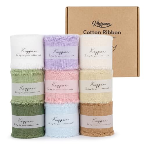 Keypan Mixed Color Frayed Cotton Ribbon Set, 9 Rolls, 1 Inch, 18 Yards Total, 2 Yards Each