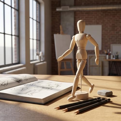 Image of DOITOOL 4.5 Inch Artists Wooden Manikin, 6 Pack Wooden Joints Drawing Mannequin, Artist Manikin with Stand, Flexible Posable Figure Model, Art Anatomy Sketch Props, Jointed Desktop Decoration