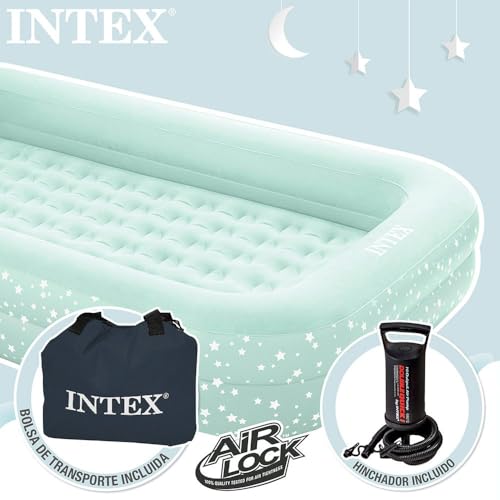 INTEX KidzTravel Luftbett für Kinder ab 3-6 Jahren (71×132×10 cm) – Kinder Reisebett aufbalsbar mit Umrandung inkl. Luftpumpe Gästebett Beistellbett, Mintgrün mit Sternenmotiv