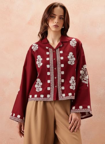 Image of Bee M Pee Designer Women's Embroidered Korean Crop Shirt | Full Bell Sleeves Western Tops for Woman Stylish | Oversized Formal /Casual /Office Wear Cotton Shirts Top for Women
