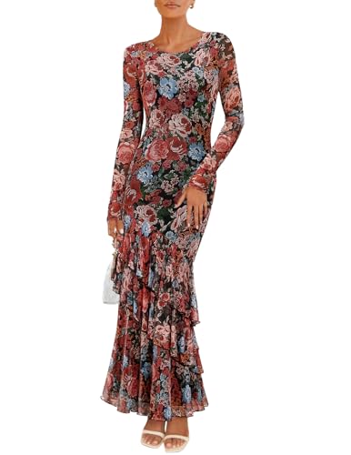 ZESICA Women's Fall Floral Wedding Guest Bodycon Dresses 2025 Long