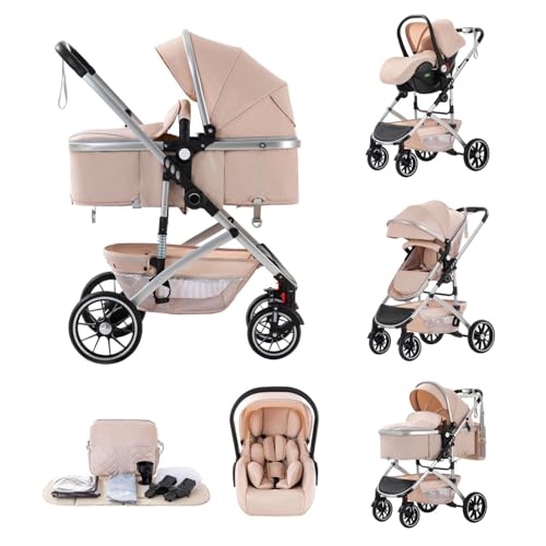 Kakbgee 3 in 1 Baby Stroller, Pushchair One-Click Folding, City Pram Travel System, Baby Buggy, Carrycot & Car Seat Unit with Mosquito Net, High Landscape Stroller for Newborn 0-4Years, Beige