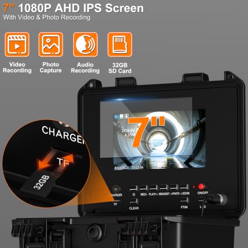 Cámara de Inspección de Tuberías con Pantalla IPS de 7", 1080P, Localizador 512Hz, Cable de Fibra de Vidrio de 20M, Grabación de Video/Audio, Batería 12V 4.5Ah miniatura 3