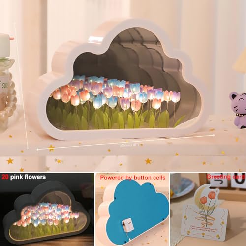 Image of LOGAZOO (20 Flower) Tulip Lamp Night Light with Mirror, Assembled Artificial Flower Lamp Table Light Bedroom Decoration Gift for Women Girlfriend Sisters Desk Table Decor, Cloud Design (Multicolor)