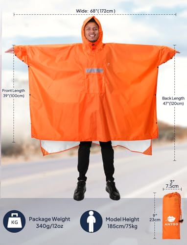 ANYOO Leichter Wasserdichter Regenponcho Regenjacken mit Ärmeln Belüftet Mehrzweck Regenmantel Unisex mit Kapuze Ideal für im Freien Camping Wandern Angeln, Dunkelorange, Einheitsgröße
