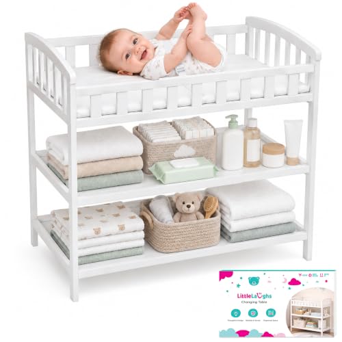 Mueble Cambiador Bebé con Colchoneta y Cinturón de Seguridad | Cambiador de Bebé con 2 Estantes | Bordes Elevados en 4 Lados | Estación para Cambiar Pañales Pequeña hasta 12 Meses | Blanco