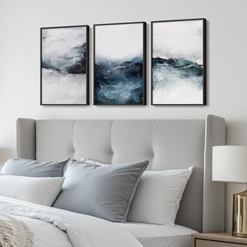 Framed Abstract Ocean Wall Art, Large 3 Piece Canvas Print Set for Living Room, Ink Blue Seascape Artwork for Bedroom, Ocean Wave Painting Pictures Wall Decor for Home Office Dining Room 16x24 Inch - Image 3