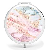 BYBART Metal Compact Mirror, 2-sided with 2X and 1X Magnifying Handheld Makeup Mirror - Perfect for Purse Pocket Travel - Pink Gold Marble
