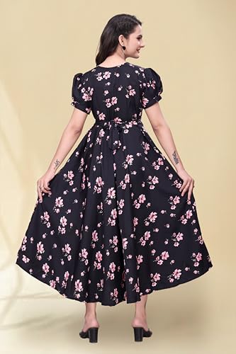 Image of Women's A-Line Crepe Maxi Dress | Stylish Fit and Flare Dress with Round Neck Short Puff Sleeves for Casual Wear