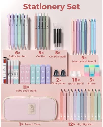 Four Candies 56 PCS Aesthetic School Supplies with Large Pencil Case, 6 Colored Ballpoint Pens, 12 Pastel Highlighters, 5 Black Ink Gel Pens, 9 Mechanical Pencils 0.5-2.0mm Student Essentials (Pink) 2