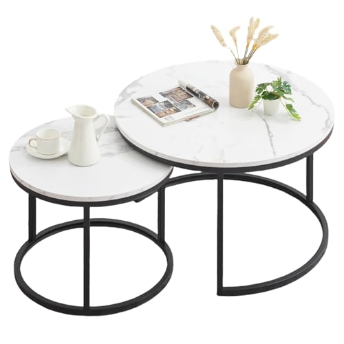 Ginhow Marmor Optik Couchtisch Runder Schwarz - 2er Set Satztisch, Modern Wohnzimmertisch und Beistelltisch für Wohnzimmer, 70x45H cm & 50x35H cm (Weiß und Schwarz)