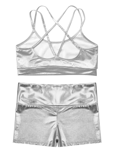 TTAO Kids Girls 2 Piece Gymnastics Dance Outfits Shiny Metallic Crop Tank Top with Shorts Set Training Wear4