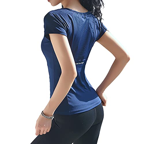 Dream Slim Short Sleeve Workout Tops For Women Stretchy Slim Fit Running Sports Shirts Dry Fit Mesh Yoga Gym Top (Dark Blue, Xl) #TOP27