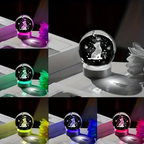 Image of 3D Crystal Ball Lamp with 16 Colors Changing LED Wooden Base - Solar System Night Light, Galaxy Lamps, Galaxy Crystal Ball Light with USB (16 Color Cat)