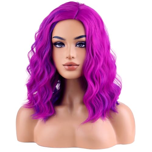 Image of BERON Hot Pink Mixed Purple Short Wave Wig for Women Girls Pink Shoulder Length Wavy Heat Resistant Synthetic Wig for Cosplay Costume Party or Daily