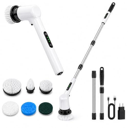 Esfregão Elétrico Sem Fio Giratório 360° Recarregável Premium | Limpeza Sem Esforço Multiuso com Cabo Ajustável | Kit Escova Profissional para Banheiro, Piso e Casa