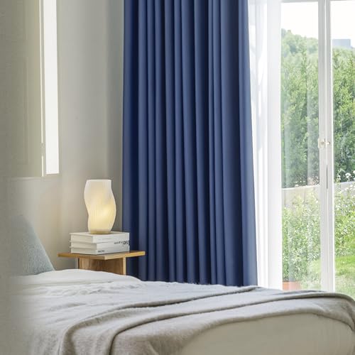 Image of FMFUNCTEX 100% Blackout Curtains for Bedroom, Navy Blue Curtains 108 Inches Long Textured Thermal Insulated Curtains for Living Room Drapes, Black Out Drapery Grommet Room Darkening 2 Panels