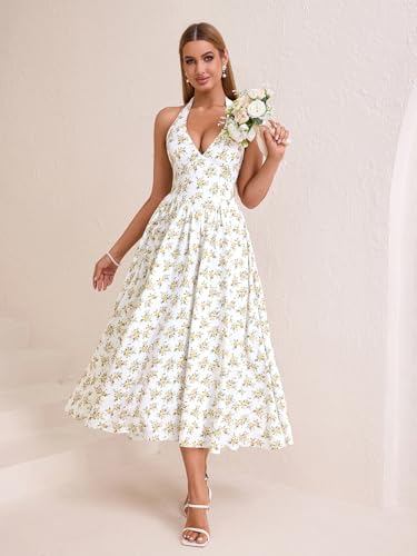 Image of Parthea Women's Gingham Halter V Neck Midi Dress Corset Smocked Sundress Flowy A Line Wedding Guest Dresses