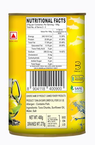 Image of Oceans Secret Tuna Chunks in SunflowerOil 400gm Pack of 24 Canned Tuna Fish | Balanced Nutrition | Heart Healthy | in Sunflower Oil | Premium Cuts Ready to Eat