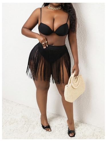 WDIRARA Women's Plus Size Fringe Cover Ups Mini Beach Skirts Tassel High Waisted Swimsuit Coverup3