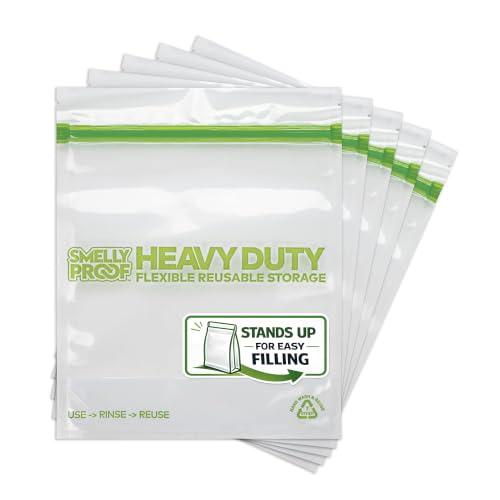 HEAVY DUTY Reusable STAND-UP Bags for Food Storage by Smelly Proof, USA Made, NO PEVA & BPA FREE, Reusable Freezer Bags, Dishwasher-Safe, Triple Zip, CLEAR 5-mils LRG Quart 8.75' x 9.5' - 5pk