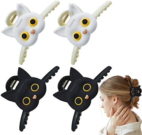 Thinslimer 4 Pack Cute Cat Hair Claw Clips for Women Large Thick Long Hair Clips Strong Hold Fashion Hair Styling Accessories for Women Girls Thin and Thick Hair (Black & White)