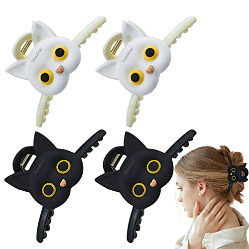 Thinslimer 4 Pack Cute Cat Hair Claw Clips For Women Large Thick Long Hair Clips Strong Hold Fashion Hair Styling Accessories For Women Girls Thin And Thick Hair (Black & White) #TOP3