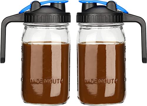 Image of Mason Jar Pitcher Wide Mouth 32 oz Mason Jar Pitcher with Airtight Lid - 1 Quart for Iced Tea, Sun Tea, Juice, Coffee, Set of 2
