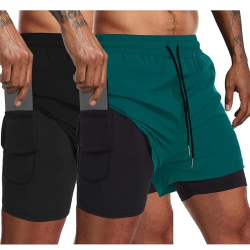COOFANDY Men's 2 Pack Running Shorts 2 in 1 Workout Shorts Quick Dry Gym Training Athletic Jogger with Phone Pockets