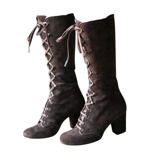 XBKOJBA Faux Suede Mid-Calf Height Boots for Women, 2026 Casual Lace up Chunky High Heels Boot Winter Warm Vintage Gothic Boots Shoes