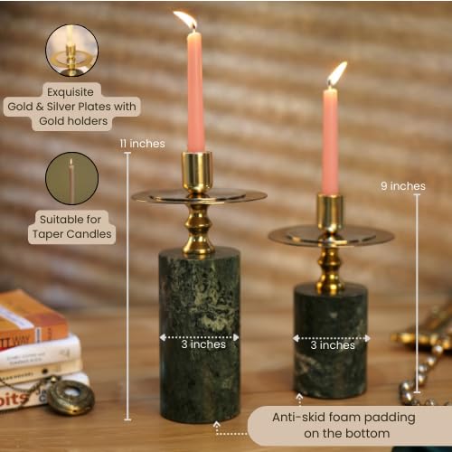 Marble Candle Stand, Set of 2, Taper Candle Holders for Home Decor, Dining Table Decor, Round Pillar Candlestick Holder, Green Decorative Candle Stands for Home Decor, Christmas Decor