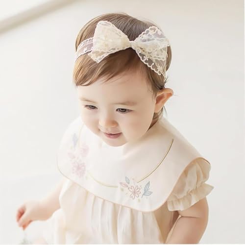Baby Girls Bow Lace Headband Cute Soft Hairband White Butterfly Knot Headbands for Newborn Infants Toddlers Kids Christening Baptism Birthday Party Hair Accessories（Beige）4