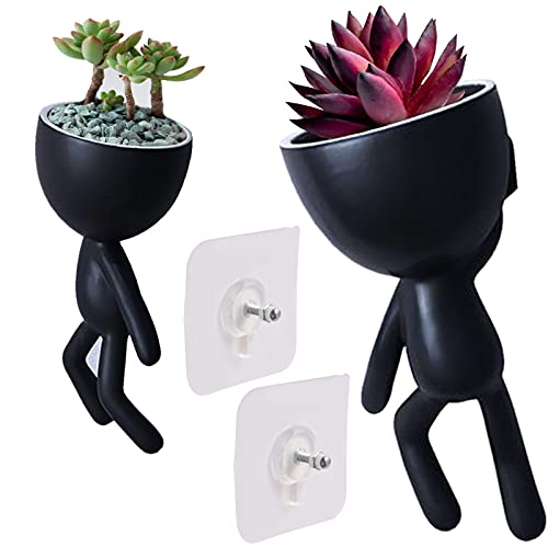 Beautiful-Yoen 2 Pack Ceramic Wall Plant Pots Hanging Planter Succulent Plant Pots Creative Human Shaped Small Cactus Pots Flower Pots Mini Plant Planters For Home Decoration Black #TOP24