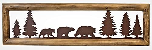 BestGiftEver Rustic Wood Frame Bear in Woodlands Metal Wall Art Cabin Style Décor 34" (L)