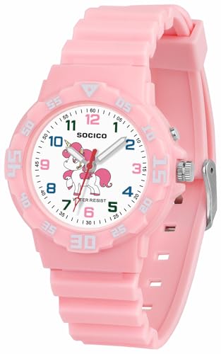SOCICO Kinderuhr Analog, 5ATM/50M Wasserdicht Armbanduhr Kinder Mädchen Jungen Teenager, Leicht Lesbar Kinder Quartz Minimalistisch Uhren für 9-18 Jahre (pink413v)