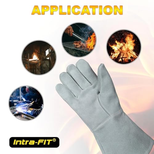Intra-FIT Leder Grillhandschuhe Kaminhandschuhe–Hitzebeständig bis 500 °C,feuerfestes Rinds-Spaltleder,EN407 & EN388,Lange Stulpen für Ofen, Feuerstelle, Schweißen, Schmiede, BBQ & Feuerwehr(Grau,L)