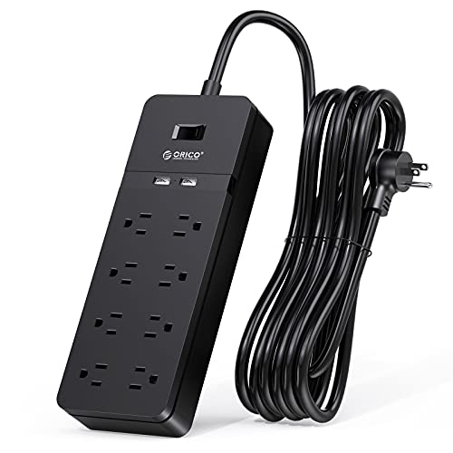 Power Strip Surge Protector, ORICO 25FT Extension Cord with USB Ports, 8 Outlet & 2 USB Flat Plug Power Strip, 15A Circuit Breaker(1850W/15A), Wall Mount for Home, Office, Hotel, ETL Listed-Black