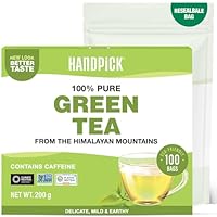 HANDPICK, Grüner Tee Beutel (100 Teebeutel) Glutenfrei & Reiner Grüntee | Runde Grün Tee Beutel, Kein Kleber, Kein Bleichmittel, Keine Schnüre | Heißer/Kombucha Tee Oder Kalter Aufbrühen | Green Tea