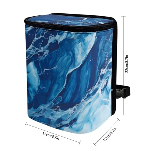 Image of Car Trash Bag with Lid - Collapsible, Waterproof Car Organizer and Storage Accessory for Women, Dark Blue Marble Print