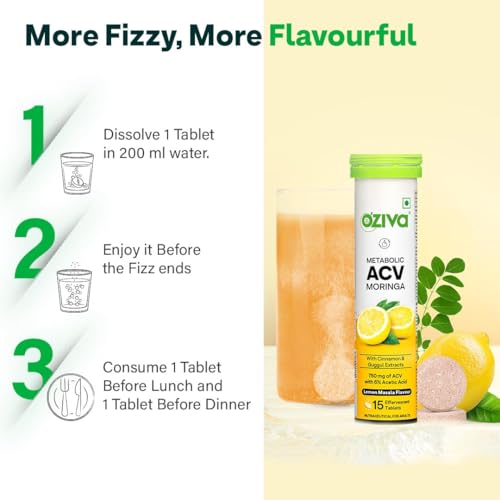 OZiva ACV Moringa | Control Cravings I Apple Cider Vinegar, Cinnamon, Guggul I No Maltodextrin & No Added Sugar I 15 Effervescent Tablets - Lemon Masala, Pack of 2 (30 Tablets)
