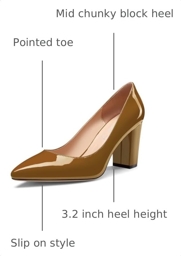 Image of Aachcol Women Pumps Pointed Toe Slip on Mid Heel Dress Office Chunky Block Heels Shoes 3 Inches