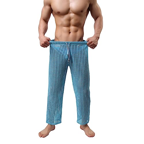 Men's Mesh Fishnet See Through Pants Hollow Openwork Drawstring Lounge Long Pants Muscle Trousers Pajamas Bottoms2