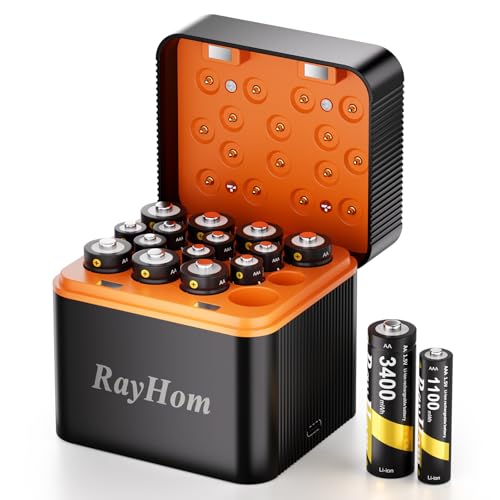 RayHom Rechargeable 8 AA and 8 AAA Lithium Batteries with Charger 1.5 V Double A Triple A High-Capacity Rechargeable Batteries 16 Slot Li-ion Battery Charger